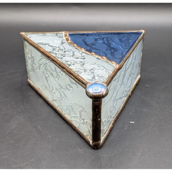 Vtg Leaded Glass Triangle Trinket Jewelry Box Clear Blue Hinged Lid Mirror 5.5" - Picture 1 of 8